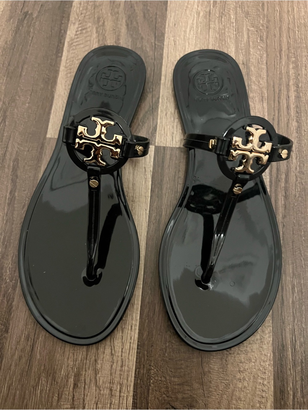 Tory Burch Black Patent Miller Logo Thong Sandals with Gold Emblem